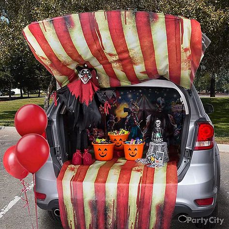 Party City's Trunk-Or-Treat Kits Make Your Halloween Boo-Riffic - Tinybeans Paw Patrol Trunk Or Treat, Carnival Trunk Or Treat, Carnival Trunk, Trunk Or Treat Kits, Car Decorating, Trunk Or Treat Ideas, Creepy Carnival, Charms Candy, Carnival Decorations