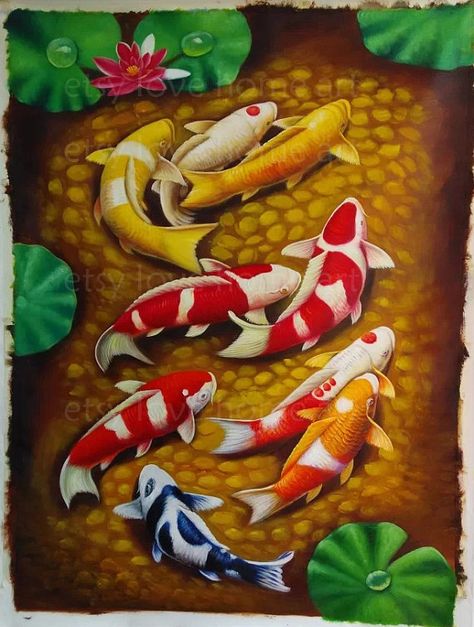 High quality handpainted 9 koi fish oil painting by lovehomeart Fishes Painting, Coi Fish Paintings Acrylic, Koi Fish Wall Painting, Koi Fish Pond Painting, Fish Oil Painting, Koi Wallpaper, 9 Koi Fish Painting Feng Shui, Koi Fish Lotus Pond Painting, Koi Fish Drawing