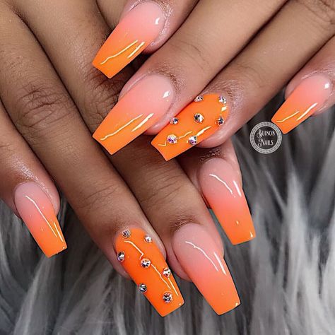 Love this orange 🍊 color when its ombre with nude If you like my post please comment and follow @Bui808_Nails 🔔 Turn on notifications to… Yellow Nail Designs, Orange Ombre Nails, Coffin Nails Designs Summer, Short Coffin Nails Designs, Orange Nail Art, Nail Designs For Summer, Orange Nail Designs, Yellow Nail Art, Yellow Nails Design