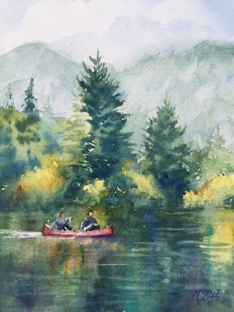 Canoe Art Paintings, Maine Watercolor Paintings, Watercolor Camping Scene, Camping Watercolor Painting, Canoe Sketch, Kayak Watercolor, Canoe Watercolor, Watercolor Lake Scene, Canoe Tattoo