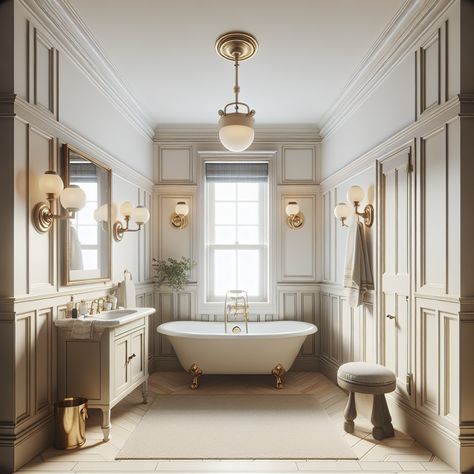 The bathroom should feature elements typical of this design style, such as wainscoting on the walls, a clawfoot bathtub, pedestal sink, and brass fixtures. Include modern touches as well, perhaps with clean lines, neutral color palettes, and practical storage solutions. This image should serve as inspiration for a bathroom remodel, evoking a streamlined yet classic aesthetic that combines both traditional and contemporary design elements. English Manor Bathroom, Manor Houses Interior, Vintage Bathroom Design, English Manor Houses Interior, Vintage Bathroom Inspiration, Manor House Interior, Vintage Inspired Bathroom, Home Renovation Ideas, Houses Interior