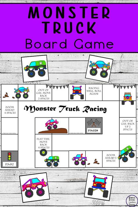 Monster Truck Activities For Kids, Monster Truck Craft, Monster Truck Activities, Toddler Board Games, Monster Truck Games, Caterpillar Activities, Nanny Activities, Recreational Therapy, Preschool Board Games