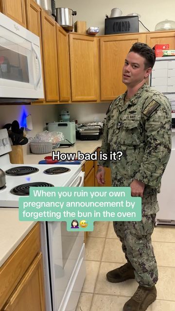 Liz Rose on Instagram: "Announcing our burnt roll 🤍🤍 #submarinefamily #pregnancyannouncement #milso #pregnant #pregnancyreveal #husbandwife" Bun In Oven Pregnancy Announcement, Pregnant Announcement To Husband, How To Tell Husband About Pregnancy, Husband Pregnancy Announcement, Pregancy Announcement, Pregnancy Announcement Video, Creative Baby Announcements, Pregnancy Jokes, Baby Announcement To Husband