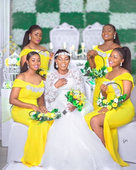 Latest Bridesmaid Dresses Style, Wedding Thanksgiving Dress Ghana, Bridesmaid Dresses For Traditional Marriage In Ghana, Ghana Bridesmaid Traditional, Ghana Traditional Wedding Engagement, Ghana Engagement, Yelow And Orange Brodes Maid Dress, Bridal Train, Dress For Bride