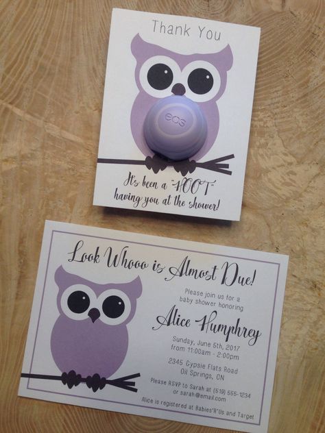 Owl themed baby shower invitation, 5x7 printable, matching EOS lip balm party favor, purple, brown, custom, personalized, download, girl Owl Themed Parties, Shower Photos, Owl Baby Shower Invitations, Owl Baby Shower Theme, Easter Stuff, Eos Lip Balm, Owl Party, Owl Baby, Owl Baby Shower