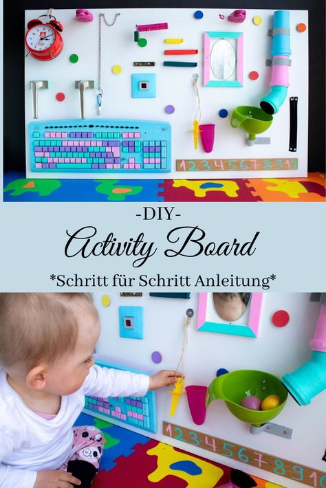 Motorikwand für Kinder selber bauen - Tolles DIY für Babys und Kleinkinder #activityboard / Reißverschluss öffnen, Tasten drücken, Sachen erkunden: Mit einem  selbst gebauten Activity Board macht man seinem kleinen Schatz eine  wahnsinnige Freude, und es wird garantiert nicht schnell langweilig. Diy Activity Board, Activity Board Diy, Baby Angel Tattoo, Baby Activity Board, Diy Busy Board, Busy Board Baby, Diy Montessori, Baby Art Projects, Activity Board