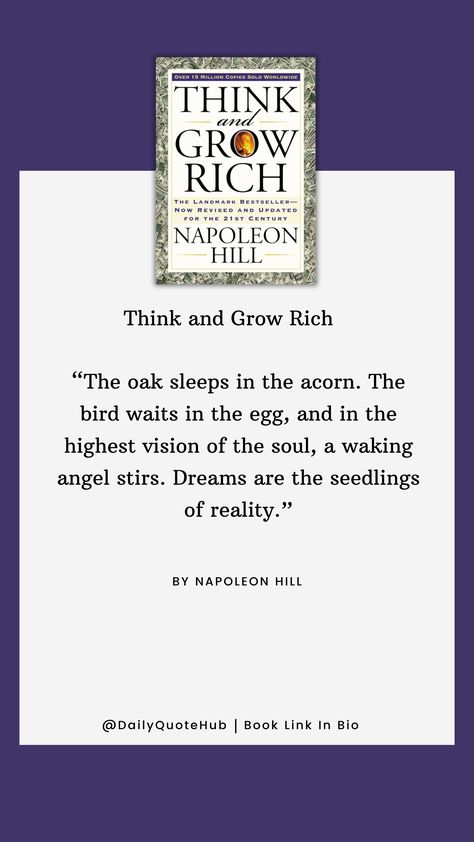 "Think and Grow Rich" by Napoleon Hill outlines principles for achieving personal and financial success. Key concepts include desire, faith, persistence, and the power of the mastermind.  #ThinkAndGrowRich #NapoleonHill #Success #PersonalDevelopment #FinancialFreedom #Desire #Faith #Persistence #Mastermind Millionaire Books, Quote From Book, Napoleon Hill Quotes, Favourite Quote, Life Coach Quotes, 48 Laws Of Power, Coach Quotes, Think And Grow Rich, Top Books To Read