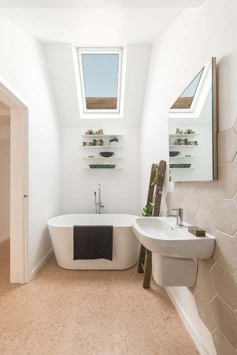 Bathroom With Vaulted Ceiling, Cork Flooring Bathroom, Compact Ensuite, Scandinavian Bathroom Decor, Tiny Guest House, Scandi Bathroom, Small Shower Room, Heritage Bathroom, Scandinavian Bathroom