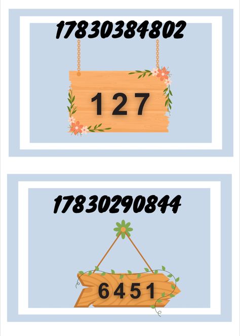 Hey everyone,

I hope you're all doing well! I just got back from a busy days. A lot of you have been requesting more house numbers so here it is; Hope you enjoy this decals <3 Bloxburg Food, Food Decals, Bloxburg Food Decals, Codes Wallpaper, Grocery Sign, Bloxburg Town, Roblox Ids, Houses Exterior, Preppy Decal