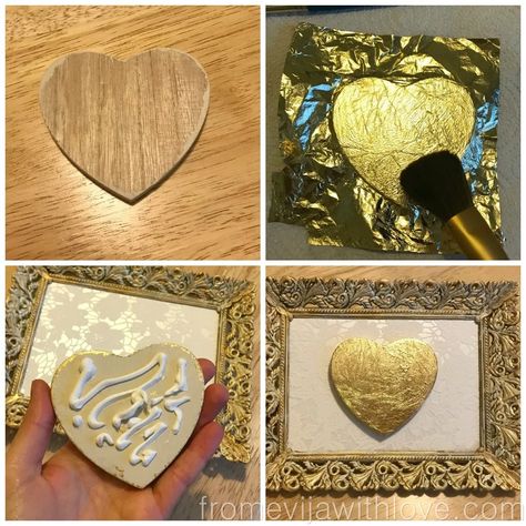 Diy Gold Leaf, Patina Art, Wall Art Gold Leaf, Heart Diy, Diy Gold, Valentine Cards Handmade, Valentine Projects, Leaf Crafts, Paper Glue