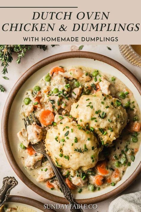 Looking for a savory and cozy chicken dinner idea? These Dutch oven chicken and dumplings are perfect for dinner parties, family dinners, or chilly winter nights! Loaded with shredded chicken thighs, veggies, herbs, and fluffy homemade dumplings, this recipe is easy, savory, and comforting. You can even make it for a camping trip! Serve this meal with salad, roasted veggies, and a glass of wine. So delicious! This is one of my favorite comfort food dinners of all time. It's truly the best! Dutch Oven Chicken And Dumplings Easy, Chicken Stew In Dutch Oven, Dutch Oven Chicken And Dumplings, Campfire Chicken And Dumplings, Chicken Dumpling Soup Dutch Oven, Dutch Oven Chicken, Comfort Dinner, Homemade Dumplings, Oven Chicken