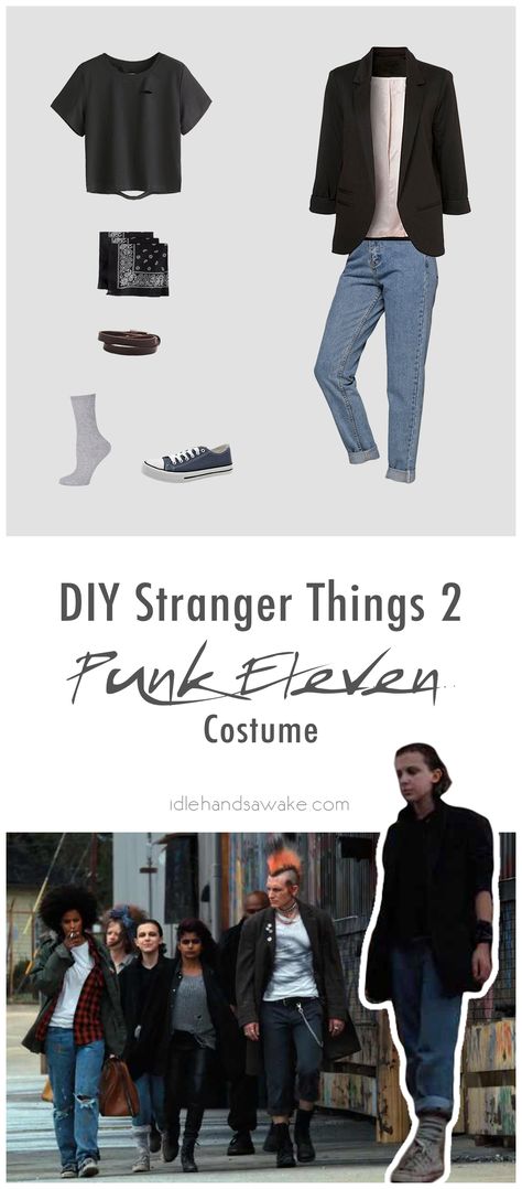 Don't be a mouthbreather -- grab everything you need for a bitchin' DIY Stranger Things 2 Punk Eleven costume. Let the badassery begin. Punk Eleven Stranger Things, Punk Eleven, Eleven Punk Outfit, Eleven Season 2 Outfits, Eleven Stranger Things Black Outfit, Eleven Stranger Things Outfit, Eleven Diy Costume, Eleven Stranger Things Costume Diy, Diy Eleven Costume