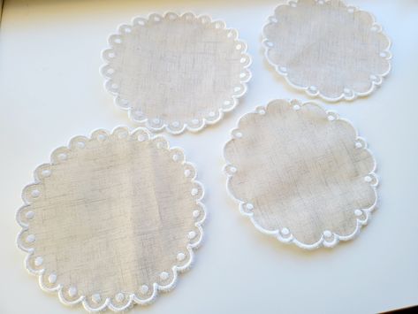 Scalloped Napkin Coaster Doily 2 types round shape in assorted sizes ITH in the hoop easily machine embroidery designs Set of 2 festoon edge Doily Coaster, Coaster Embroidery, Fsl Embroidery, Butterfly Stitches, Ith Embroidery Designs, Wedding Napkins Personalized, Pes Embroidery, Monogrammed Napkins, Ith Embroidery