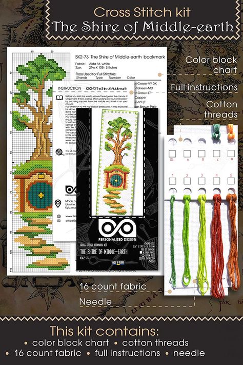 🌳 In a hole in the ground, there lived a hobbit. Not a nasty, dirty, wet hole, filled with the ends of worms and an oozy smell, nor yet a dry, bare, sandy hole with nothing in it to sit down on or to eat: it was a hobbit-hole and that meant comfort. #embroiderydesign #countedcrossstitch #crossstitchpattern #crossstitchpdf #housecrossstitch #Hobbithouse #smallcrossstitch #fantasycrossstitch #hobbithome #hobbithole #hobbitcrossstitch #lordoftherings #shiremiddleearth #CrossStitchKit Movie Cross Stitch, Embroidery Bookmark, Fairies Movie, Rings Cross, Diy Hand Embroidery, Hobbit Hole, Diy Embroidery Kit, Unique Bookmark, Crochet Tools