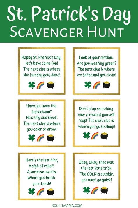 Quick and Easy St. Patrick's Day Scavenger Hunt for Kids - Rock it Mama Leprechaun Scavenger Hunt, Leprechaun Hunt, Old Irish Blessing, St Patricks Crafts, Scavenger Hunt Clues, St Patricks Day Crafts For Kids, St Patrick Day Activities, Scavenger Hunt For Kids, Saint Patties