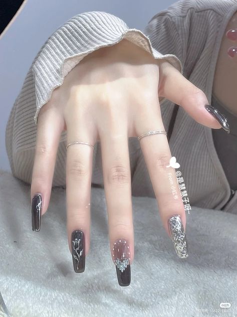 Black Douyin Nails, Blush Pink Nails, Uñas Aesthetic, Beauty Hacks Nails, Asian Nails, Hippie Nails, Hello Nails, Punk Nails, Hard Nails