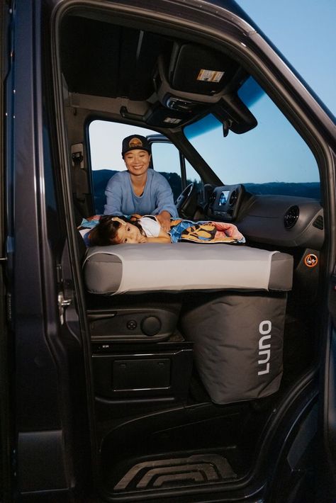 Van Front Seat Bed, Camper Van Front Seat Bed, Ford Transit Bed Ideas, Camper Mattress, 12 Passenger Van, Van Seat Covers, Sprinter Passenger Van, Van Inspiration, Car Camping Gear