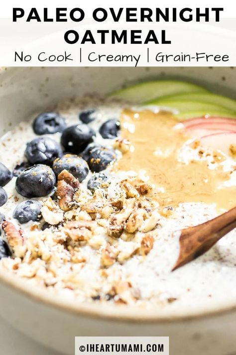 Creamy delicious Paleo Oatmeal . No cooking required. These Paleo overnight oats can be made hot or cold. Gluten, dairy, grain, egg free, and keto vegan friendly. Healthy easy Paleo Breakfast Oatmeal with endless variety. Read on for this breakfast on the go recipe ! #IHeartUmami#paleooatmeal #vegan #breakfast #cleaneating #grainfree #glutenfree #healthybreakfast Paleo Overnight Oats, Easy Paleo Breakfast, Paleo Oatmeal, Paleo Breakfast Easy, Vegan Steak, Breakfast Oatmeal, Paleo Recipes Breakfast, Breakfast Low Carb, Nom Nom Paleo