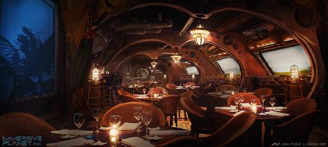 Steampunk Restaurant, Joan Piqué Llorens on ArtStation at https://www.artstation.com/artwork/wPx59 Fantasy Restaurant, Steampunk Restaurant, Planet Environment, Modern Victorian Style, Airship Art, Steampunk Interior, Park Restaurant, Architecture Sketchbook, Space Artwork