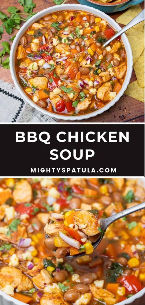 BBQ Chicken Soup – Mighty Spatula Bbq Chicken Soup Recipes, Bbq Soup Recipes, Bbq Chicken Soup, Bbq Soup, Hot Dog Soup, Chicken And Sweetcorn Soup, Slow Cooker Potato Soup, Leftover Chicken Recipes, Best Soup Recipes