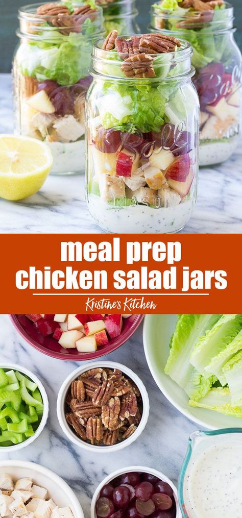 Easy Chicken Salad Mason Jar Salads Recipe - Perfect for meal prep! These healthy chicken salads are made with grapes and greek yogurt instead of mayo. How to layer jar salads. If you're looking for make ahead lunch ideas, this is one of my favorite recipes! #mealprep #chickensalad #chickenrecipes Jar Dinners, Healthy Meal Prep Chicken, Chicken Salad In A Jar, Salad Mason Jar, Lunch Bites, Salads In A Jar, Jar Lunches, Farm Cooking, Mason Jar Salads