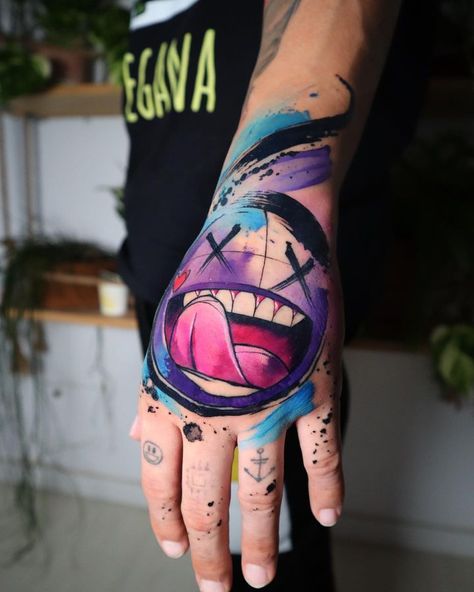 Bold Color Tattoo, Hand Tattoos Colorful, Small Man Tattoo Ideas, Abstract Watercolor Tattoo, Skeleton Hand Tattoos, Watercolour Tattoo Men, Tatuaje Trash Polka, Colored Tattoo, Simple Hand Tattoos