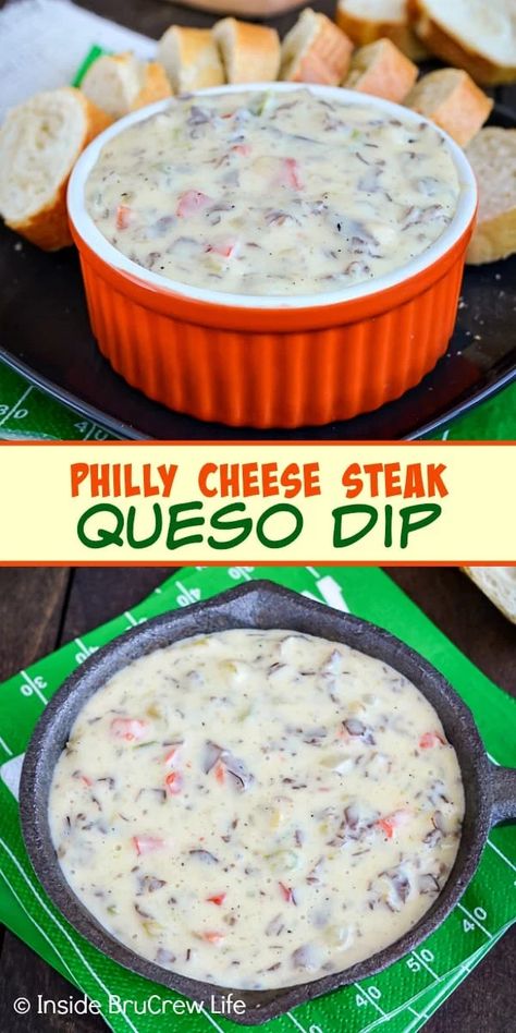 Philly Cheese Steak Queso Dip - this easy white queso is loaded with beef, peppers, and onions and it tastes like a Philly cheese steak. Make this easy recipe for game day parties! White Velveeta Recipes, Steak Queso Dip, Beef Peppers And Onions, Easy White Queso, Philly Cheesesteak Dip, Cheesesteak Dip, Philly Cheese Steak Dip, Velveeta Recipes, Hot Dips