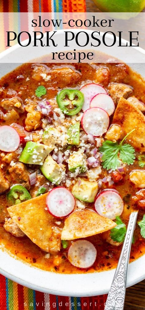 Try this robust Slow-Cooker Pork Posole Recipe next time you have a craving for flavorful, hearty and comforting Mexican soup! #slowcooker #mexicansoup #mexican #pork #posole #soup #hominy #adobo #porkposole #crockpotpork #stew Pork Posole Recipe, Posole Soup, Pork Posole, Posole Recipe, Easy Chicken Enchilada Recipe, Mexican Pork, Mexican Soup, Chicken Enchilada Recipe, Crockpot Pork