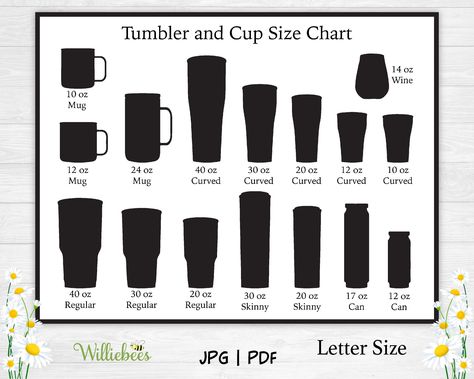 "Tumbler and cup SIZE CHART for mugs, acrylic blanks, and glasses. THIS IS A CHART ONLY! You ARE NOT purchasing templates. Tumbler Cup Size Clipart Chart, Tumbler List, Cup Sizes, Wine Tumbler, Skinny Slim, Digital Download, Personal Use, Drinking Cup, Coffee Tumbler, Tall Skinny, Printable Chart, Print At Home ★THIS IS NOT A PHYSICAL ITEM★ Your download includes: * 1 JPG, 1 PDF * Letter Size Please make sure that you know how to work with these file types prior to making your purchase as there Tumbler Cup Sizing Chart, Cup Decal Size Chart, Cricut Tumbler Size Chart, Tumbler Vinyl Size Chart, Decal Sizing For Tumblers, Tumbler Size Chart, Mug Size Chart, Cup Size Chart, Cricut Iron On Vinyl