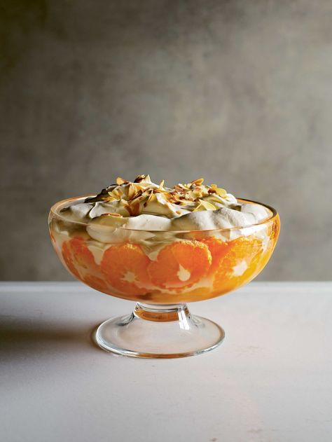 Rick Stein Clementine Trifle Recipe | Christmas Trifle, Dessert Nigella Lawson Christmas Recipes, Ottolenghi Christmas, Almond Trifle, Christmas Canapés, Nadiya Bakes, Christmas Starter, Vegetarian Fish, Christmas Trifle Recipes, Hazelnut Mousse