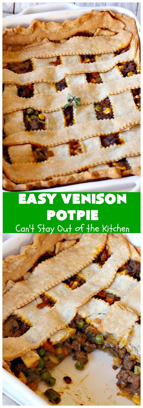 Easy Venison Potpie – Can't Stay Out of the Kitchen Easy Potpie, Venison Pot Pie, Potpie Recipe, Frozen Mixed Vegetables, Comfort Food Meals, Golden Mushroom, Golden Mushroom Soup, Ground Venison, Vegetable Pie