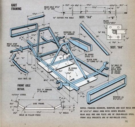 Go-Cart plans | 1962 Mechanix Illustrated Go Kart Designs, Go Kart Frame Plans, Mini Buggy, Build A Go Kart, Kart Cross, Go Kart Frame, Homemade Go Kart, Bike Cart, Go Cart