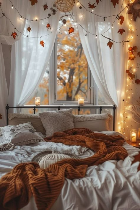 Fall Room Inspiration, Autumn Room Decor, Fall Room Ideas, Fall Apartment, Autumn Bedroom, Bed Aesthetic, Autumn Interior, Autumn Room, Fall Room Decor