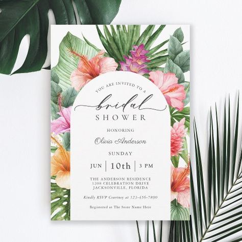 $1.98 | Colorful Tropical Floral Bridal Shower #tropical bridal shower, hawaiian luau bridal shower, summer pool party, watercolor floral, hibiscus palms ginger flowers, jungle foliage palm leaves, bright colorful bridal shower, paperless digital download invitations, green pink orange botanical, arch frame modern stylish Tropical Bridal Shower Ideas, Luau Pool Party, Ginger Flowers, Coastal Party, Luau Bridal Shower, Tropical Bridal Shower Invitations, Luau Invitations, Arch Frame, Text Template