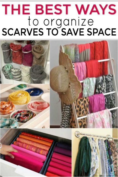 Do you have a ton of scarves but no where to put them? We have creative ways to organize scarves that are easy and budget friendly. Wall Scarf Organizer, Ways To Store Scarves, Scarf Organizer Ideas, Scarves Storage Ideas, Folding Scarves Storage, Storing Scarves Organization Ideas, How To Fold Scarves For Storage, How To Organize Scarves, Scarf Organization Ideas