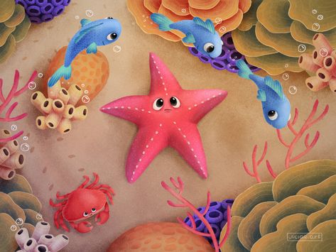 Starfish Character Design, Star Fish Illustration, Sea Star Illustration, Starfish Character, Starfish Illustration, Cartoon Starfish, Fish Project, Nemo Cake, Ocean Illustration