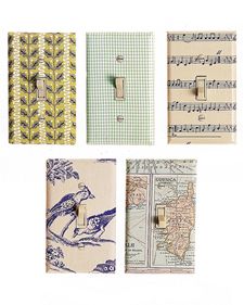 Light switch plates covered in sheet music. Some other cool ideas for decorative crafts for sheet music. Sheet Music Crafts, Martha Stewart Home, Wallpaper Crafts, Thrifty Diy, Music Crafts, Wallpaper Project, Astuces Diy, Fun Fabric, Switch Plate Covers