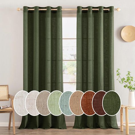 PRICES MAY VARY. WELL MADE: Sold as 2 panels, each panel is W52" x L84", and W104" x L84" in total. Each curtain panel has 8 grommets(the interior diameter of the grommet hole is 1.6 inches). Grommet top design is easy to slide. LINEN BLENDED: Made of 30% linen and 70% polyester, which is more soft-touch, durable, and wrinkle-free. Compared with plain polyester curtains, this cross-woven fabric design brings a rich linen texture look. SUPERIOR PRIVACY PROTECT: Unlike ordinary sheer curtains, our Forest Green And Gold Living Room, Curtains For Green Walls Bedroom, Green Room Curtains, Curtain Trends 2024 Living Room, Olive Green Curtains Living Room, Olive Green Living Room Decor, Green Boho Decor, Green Linen Curtains, Midcentury Modern Curtains