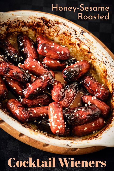 Kick those Little Smokies up a notch with an Asian-inspired Honey-Sesame glaze. Oven-roasting brings it together for sweet-salty cocktail sausage bites that your holiday guests will love. Glazed Sausages, Sesame Glaze, Sausage Platter, Cocktail Wieners, Cocktail Weenies, Boiled Baby Potatoes, Gluten Free Cocktails, Sausage Bites, Little Smokies