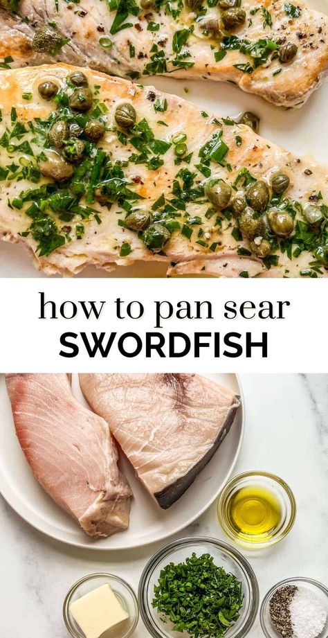 This flavorful pan seared swordfish steak is so simple to make and tastes wonderful. Baked Swordfish Steak, Pan Seared Swordfish Steaks, How To Cook Swordfish, How To Cook Swordfish Steaks, Baked Swordfish Recipes, Swordfish Recipes Pan Seared, Pan Seared Swordfish, Swordfish Steak Recipe, Baked Swordfish