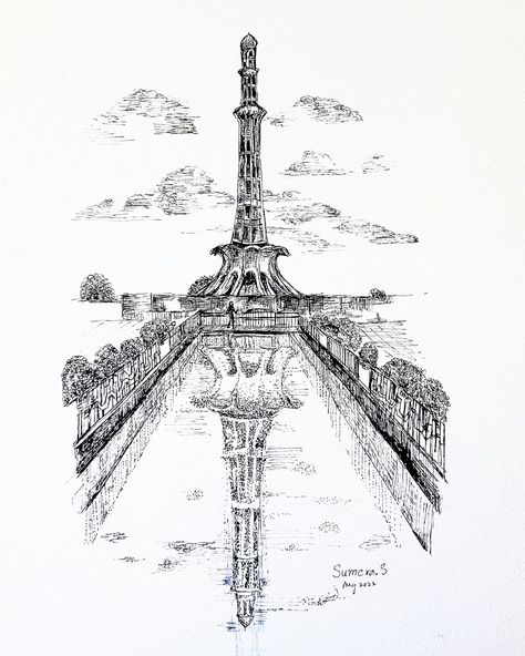 Print of pen and ink sketch of minar e pakistan, 8 x 10 inches Minar E Pakistan Sketch, Pakistan Art, Edmond Oklahoma, Watercolor City, Night Sky Photography, Cool Pencil Drawings, Monochrome Art, Easy Canvas, Abstract Floral Art