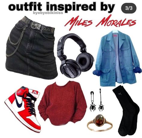 Miles Morales Casual Outfit, Miles Morales Inspired Outfit Ideas, Mj Costume Spiderman, Miles Morales Outfit Aesthetic, Miles Morales Inspired Outfit, Miles Morales Style, Miles Morales Outfit, Miles Morales Costume, Marvel Outfits