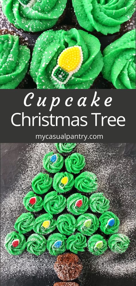 Cupcake Christmas Tree - this festive arrangement of cupcakes is fun for holiday parties or dessert buffets. Christmas light candies add to the whimsy of this holiday dessert! Cupcake Christmas Tree, Cupcake Arrangements, Brown Food Coloring, Cupcake Christmas, Cupcake Tree, Powdered Food Coloring, Christmas Tree Cupcakes, Large Cupcake, Holiday Cupcakes