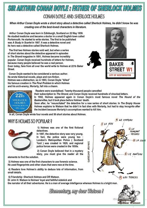 Conan Doyle and Sherlock Holmes - English ESL Worksheets for distance learning and physical classrooms Mystery Unit, Detective Stories, Reading Comprehension Lessons, Detective Novels, Writing Short Stories, Reading Comprehension Activities, Detective Story, Conan Doyle, English Reading