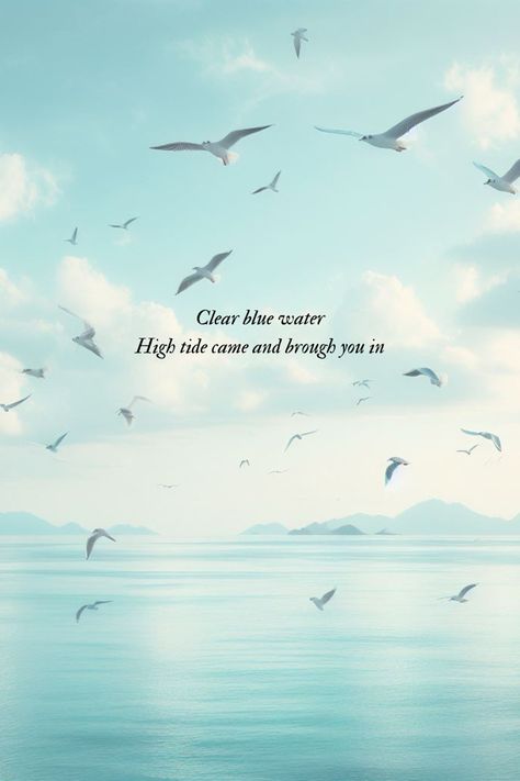 Beach wallpaper with birds flying  around pale blue aesthetic with lyrics from Taylor Swift song (this love) clear blue water, high tide came and brought you in. AI generated image Taylor Swift Song Lyrics Wallpaper 1989, Blue Wallpaper Taylor Swift, 1989 Wallpaper Taylor Swift, Taylor Swift Wallpaper 1989, Taylor Swift Lyrics 1989, Taylor Swift Lyric Wallpaper, This Love Lyrics, Wallpaper Beach Aesthetic, Beach Lyrics