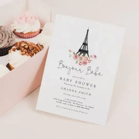 Bonjour Bebe Paris French Pink Floral Baby Shower Invitation French Baby Shower Theme, Paris Baby Shower Theme, French Baby Shower, Baby Shower By Mail Invitation, Paris Baby Shower, Shower By Mail Invitation, Baby Shower By Mail, Pink Floral Baby Shower