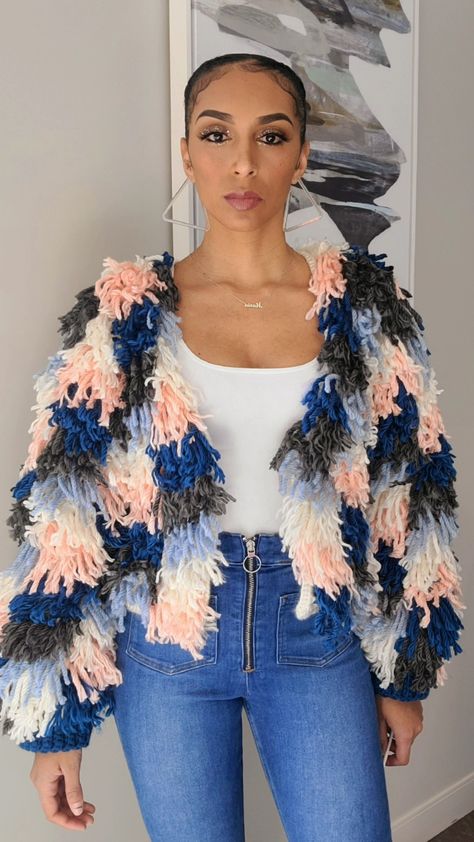 Dressing up or down, this crochet sweater/jacket (swacket) makes a stunning fashion statement. Follow on IG for more. @worstedbehavior Crochet Shaggy Jacket, Crochet Fringe Jacket, Shaggy Jacket, Cardigans Sweater, Jacket Ideas, Stunning Fashion, Crochet Fringe, Crochet Work, Crochet Jacket