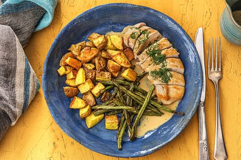 Share me on Pinterest Creamy Dill Chicken, Roasted Potatoes And Green Beans, Recipes Low Calorie, Dill Chicken, Potatoes And Green Beans, Pan Seared Chicken, Hello Fresh Recipes, Fresh Recipes, Hello Fresh