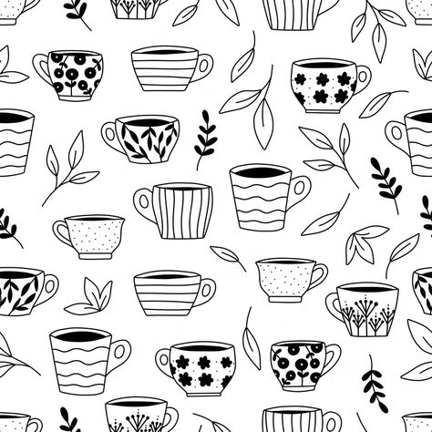 Premium Vector | Vector doodle seamless pattern with cups and tea leaves Cup Of Tea Doodle, Tea Mug Tattoo, Tea Cup Doodle, Dishes Illustration, Coffee Cup Doodle, Teacup Doodle, Tea Doodle, Mug Doodle, Cup Doodle