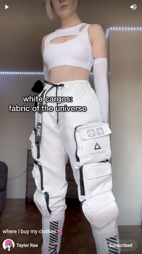 Colorful Techwear Aesthetic, Astronaut Inspired Outfit, White Cybercore Outfits, White Techwear Outfit, Techcore Outfit, Cyberpunk Girl Outfit, White Tech Wear, Lunarcore Fashion, Cyberpunk Outfit Women